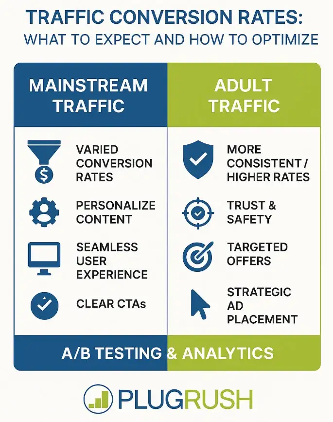 Infographic on conversion rates: mainstream vs adult; optimization tips, A/B testing and analytics