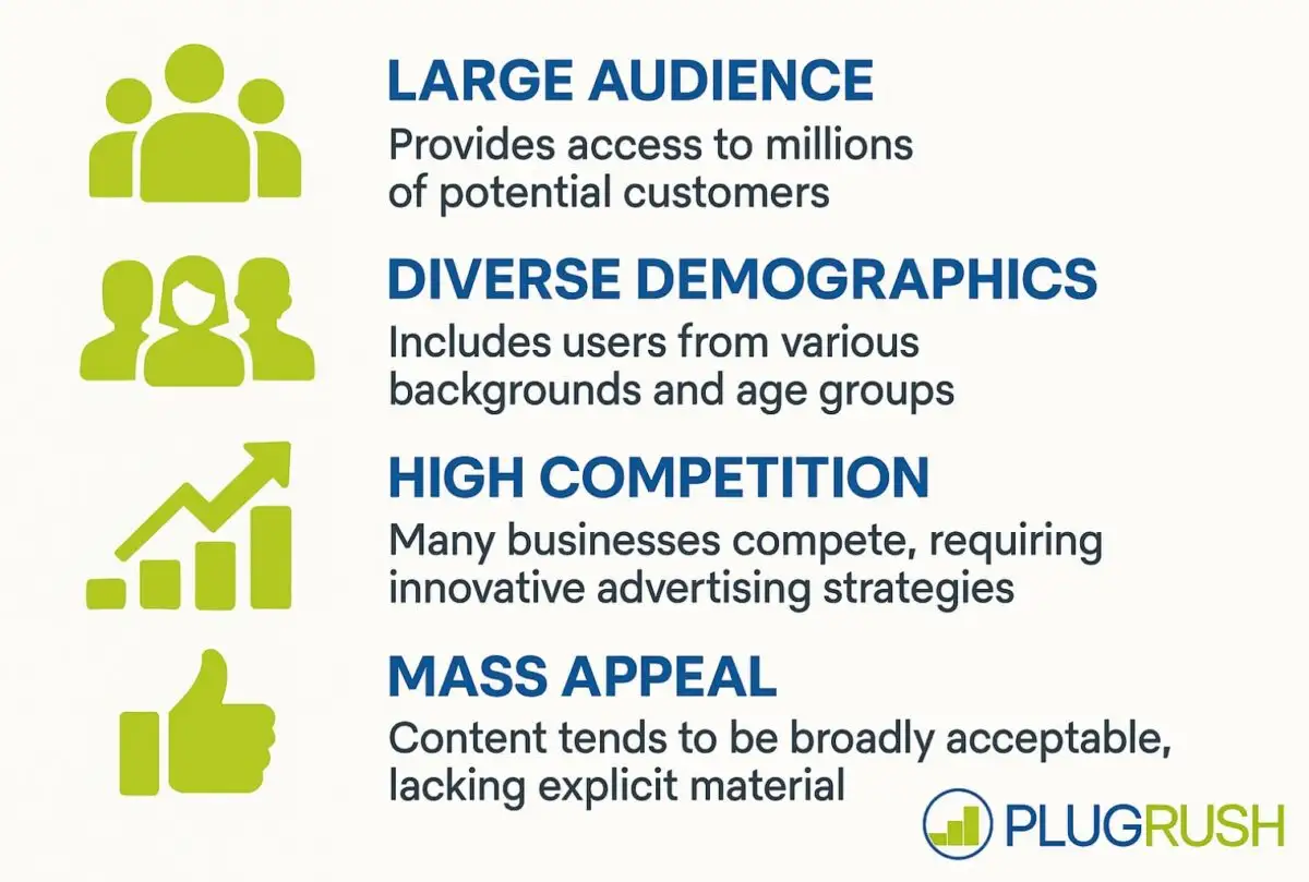 Infographic with PlugRush branding showing mainstream traffic traits: large audience, diverse demographics, high competition, and mass appeal.