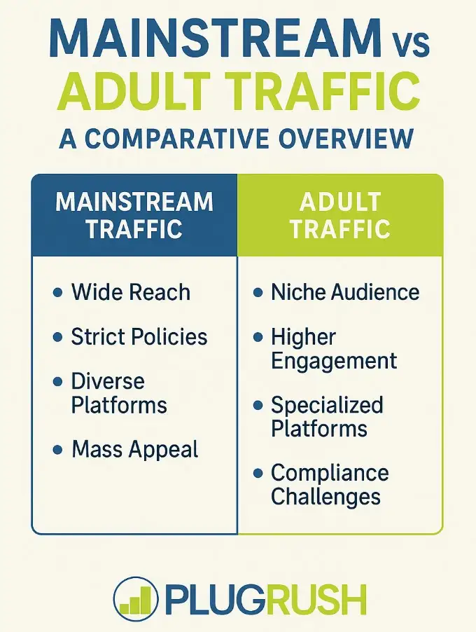 PlugRush comparison of mainstream vs adult traffic; centered title; two columns; footer PlugRush logo