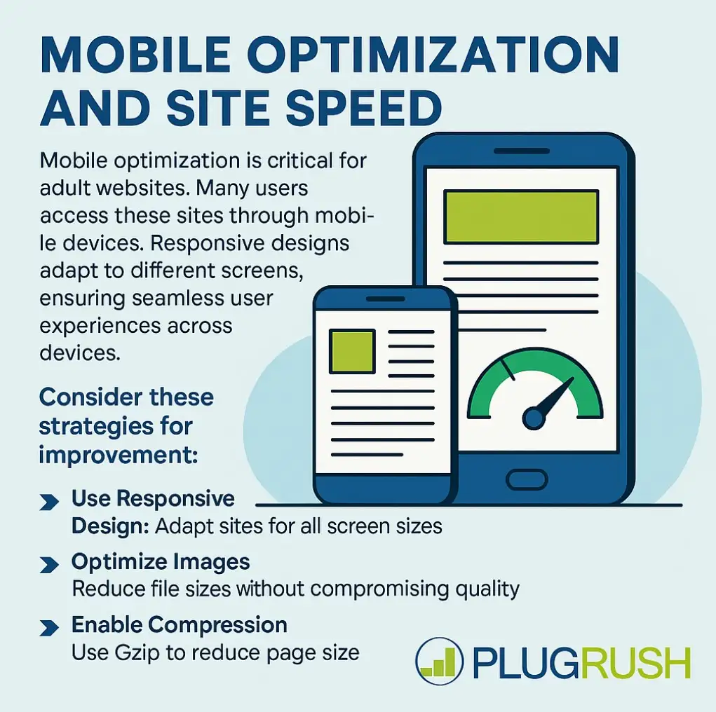 Infographic on mobile optimization and site speed: responsive design, image optimization, compression tips, with PlugRush logo.