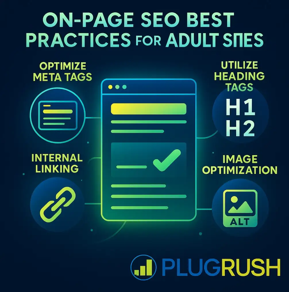 Infographic on on-page SEO best practices: meta tags, headings, URLs, internal linking, image optimization, PlugRush logo.