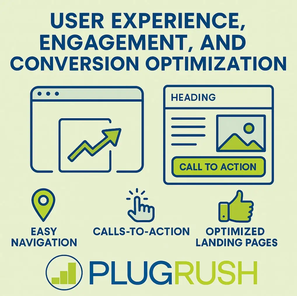 Infographic on UX, engagement, and conversions: easy navigation, clear CTAs, optimized landing pages, with PlugRush logo.
