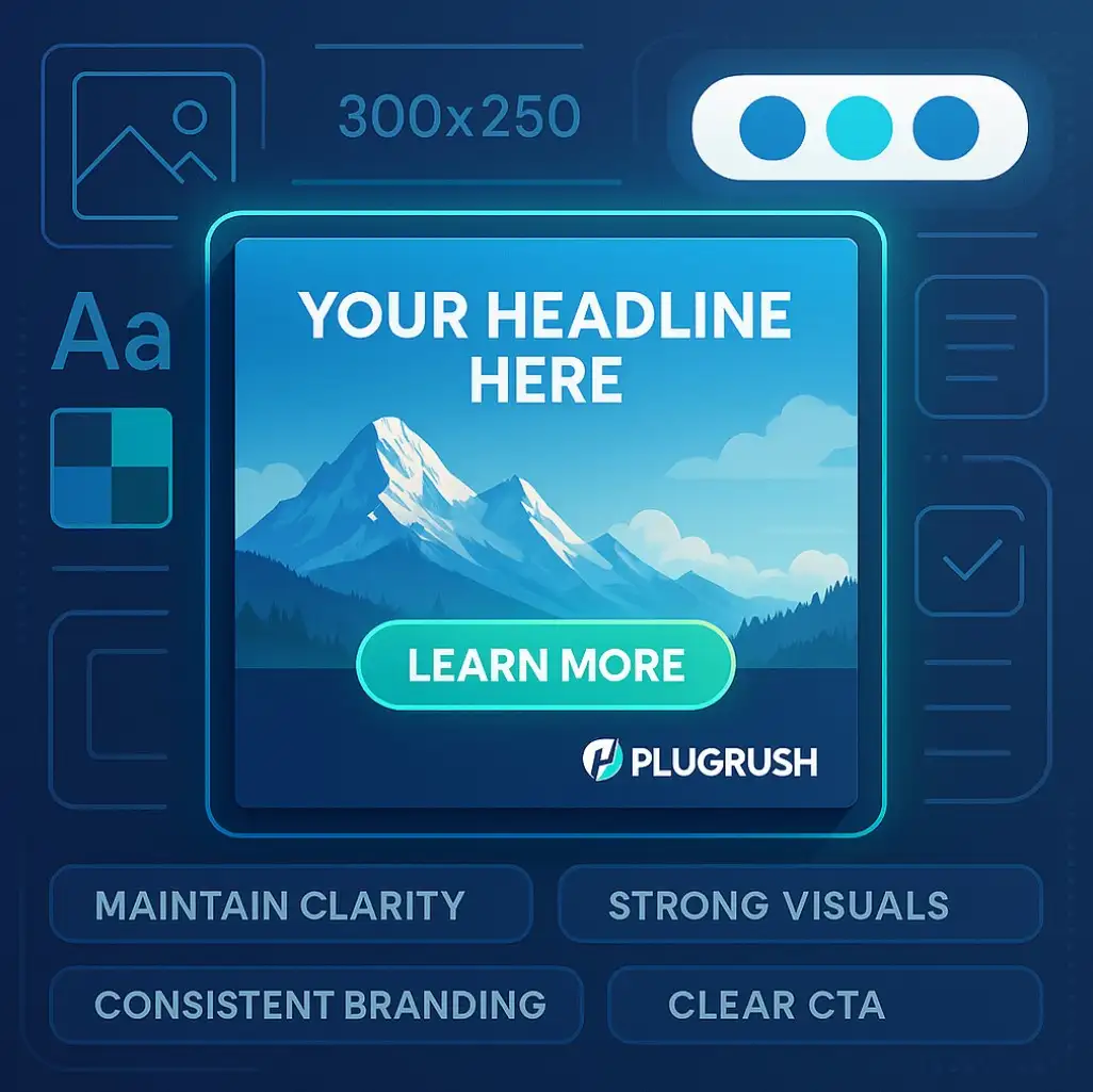 300x250 banner ad mockup with headline, CTA button, PlugRush logo, and design tips like clarity and branding.
