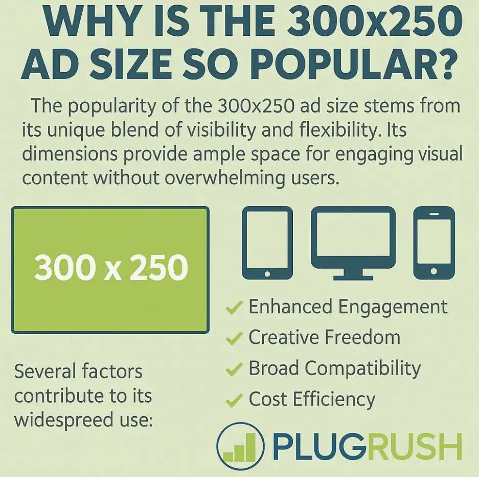 Why the 300×250 ad size is popular on devices, key benefits, and PlugRush branding on a clean infographic.