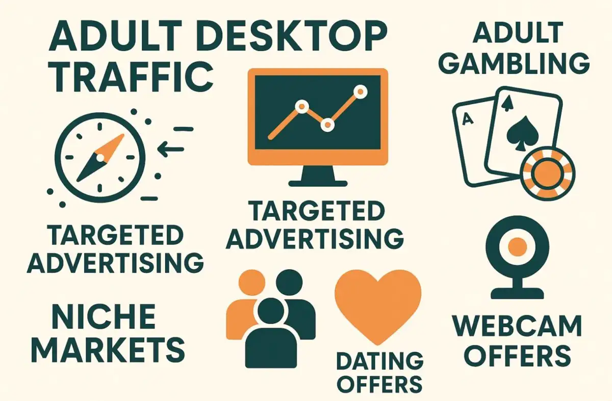 Infographic showing adult desktop traffic types: targeted ads, niche markets, adult gambling, dating, and webcam offers.