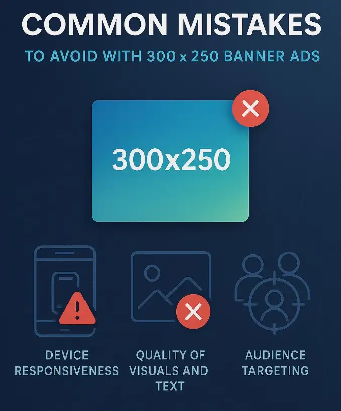Infographic showing common 300x250 ad mistakes: poor device responsiveness, low-quality visuals, and bad audience targeting.