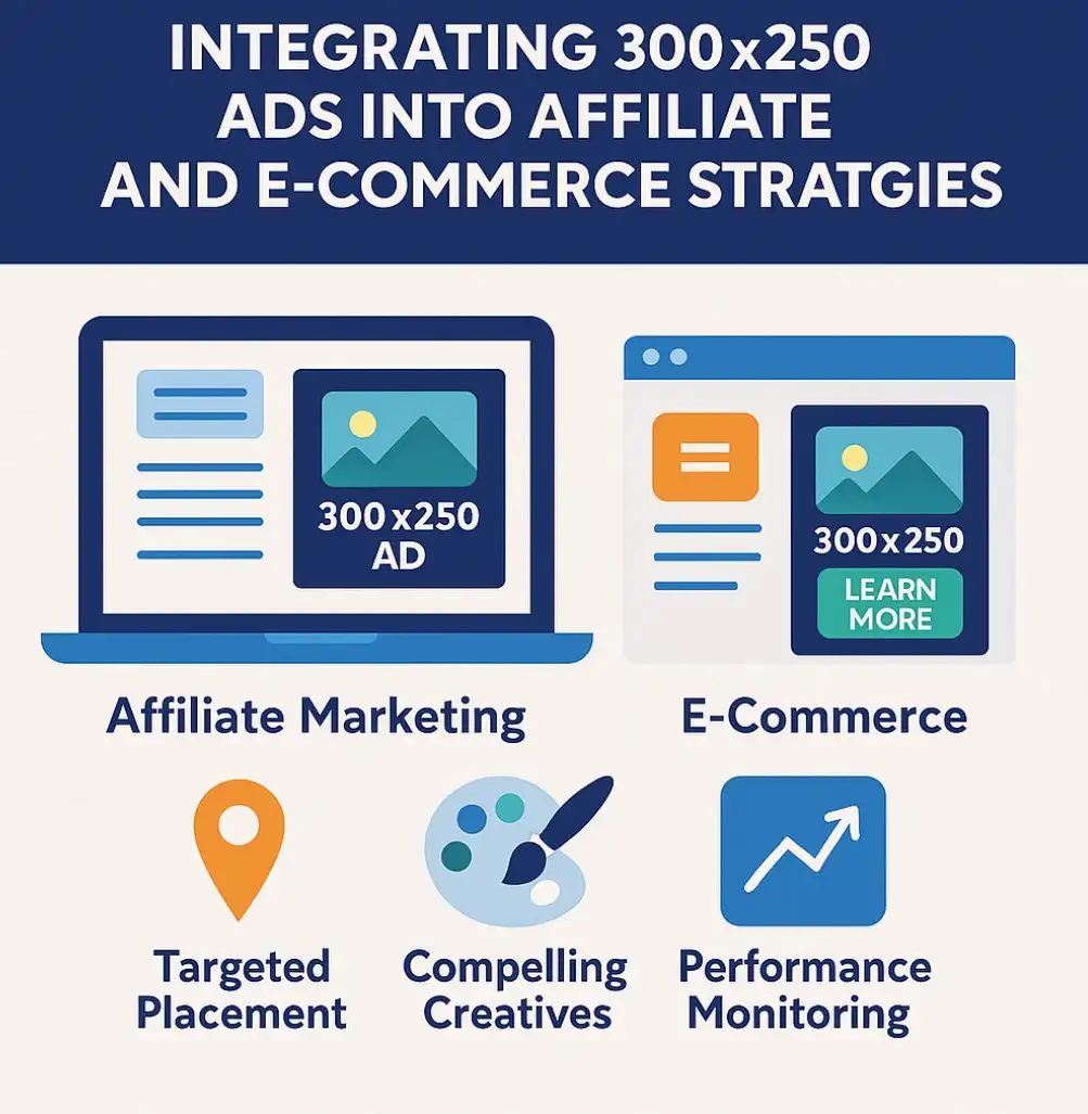 Infographic showing how to use 300x250 ads in affiliate and e-commerce strategies with tips on placement, creatives, and tracking.