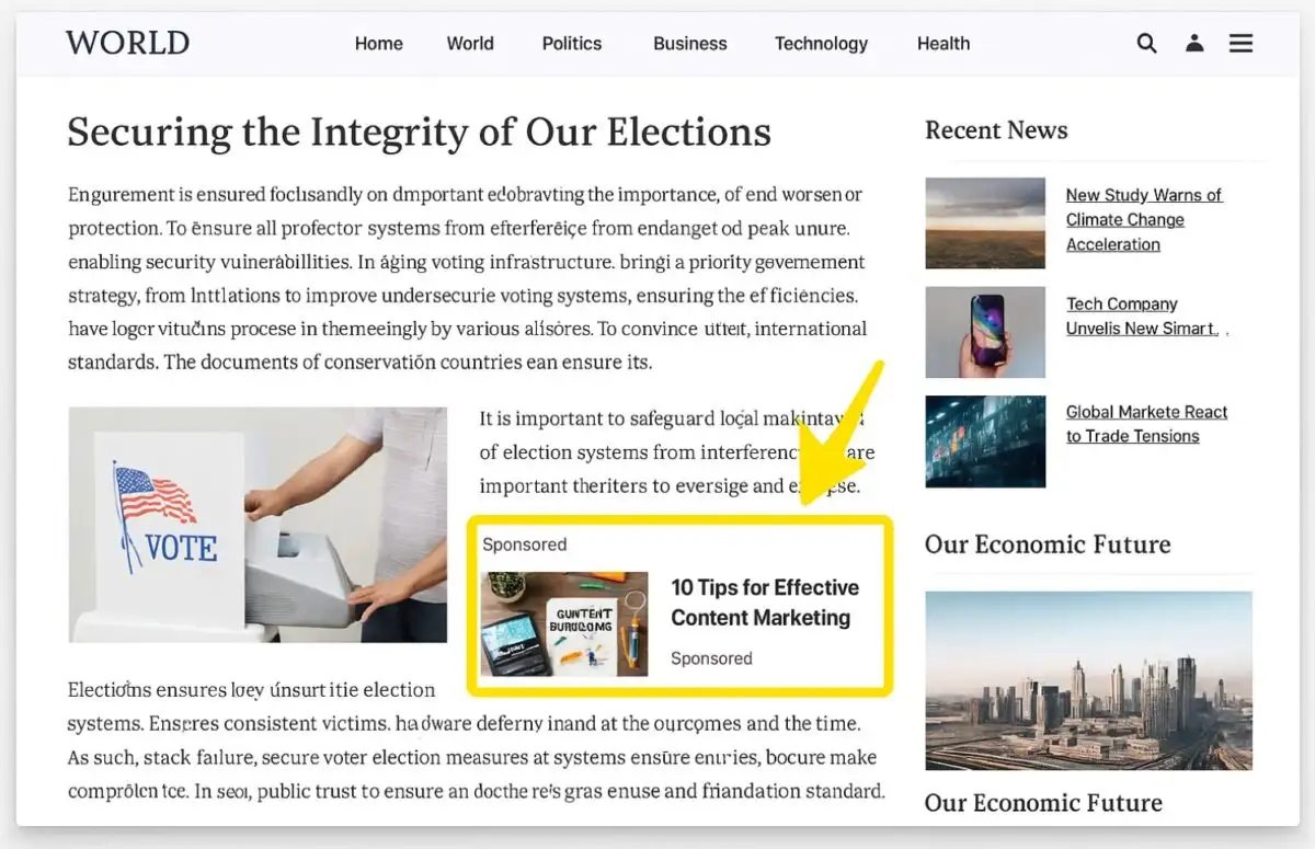 Image showing a website with a native ad inside the article and highlighted with a yellow square and yellow arrow pointing to the native ad.