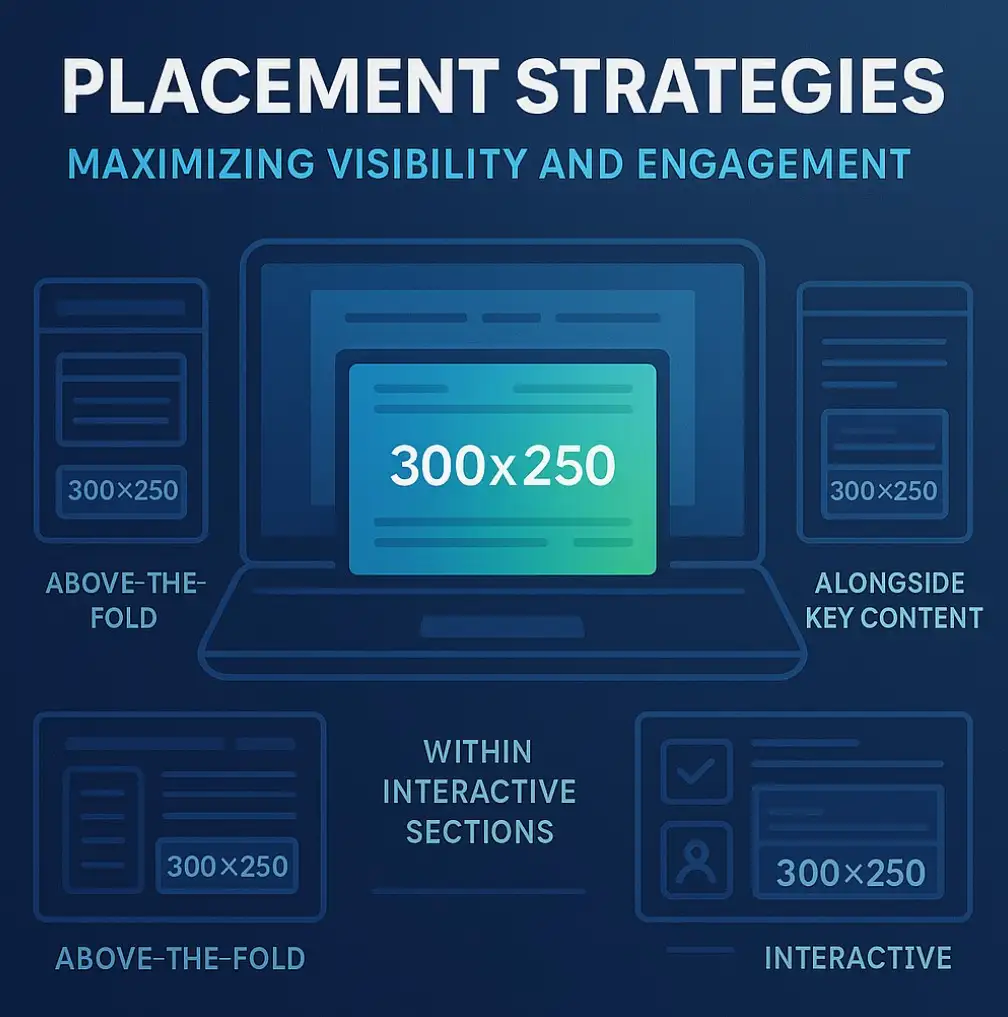300x250 ad placement guide showing banner locations above-the-fold, alongside content, and in interactive sections.