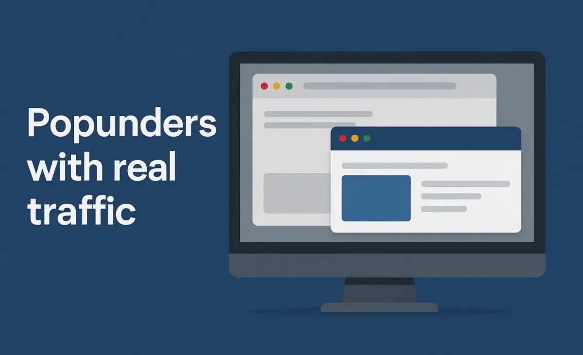 Illustration of a computer screen showing a popunder ad behind a main browser window with the text ‘Popunders with real traffic’ on a blue background.