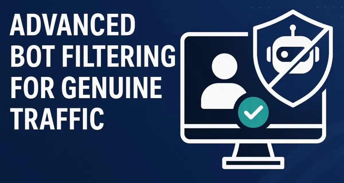 Infographic with a computer screen graphic and text that says "Advanced bot filtering for geniune traffic" for popunders with real traffic