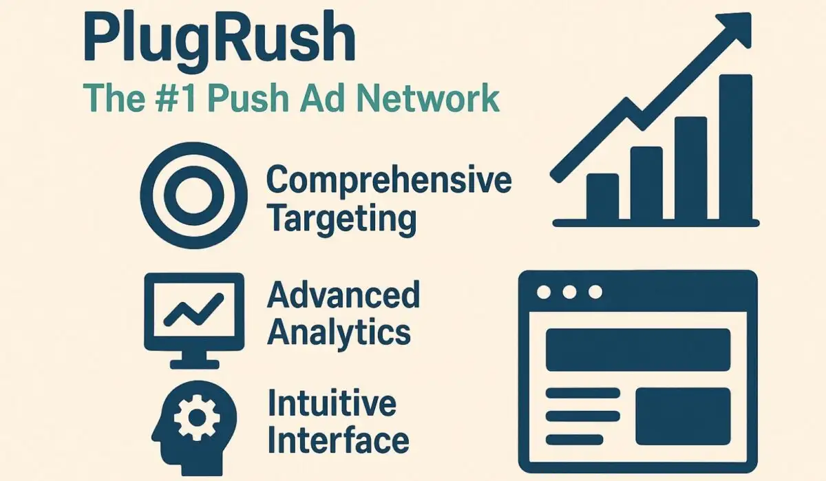 PlugRush – The #1 Push Ad Networks graphic featuring icons for targeting, analytics, interface, and ad performance with an upward growth chart and bold neon blue and green design.
