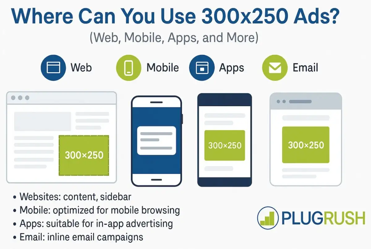 Where to use 300×250 ads on websites, mobile, apps, and email. PlugRush-branded infographic.