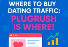 Where To Buy Dating Traffic PlugRush Is Where Square promotional image with the text ‘Where To Buy Dating Traffic: PlugRush Is Where!’ featuring bright graphics of a web page with a heart icon, analytics charts, and vibrant blue, pink, and yellow colors