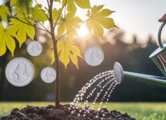 Your Guide to Making Money from Website Traffic Person watering tree with coin-shaped leaves.