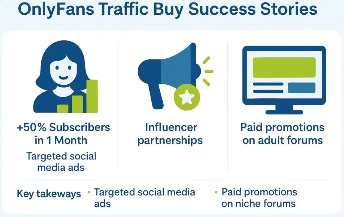 Three OnlyFans case studies showing growth through social ads, influencer partnerships and niche forum promotions.