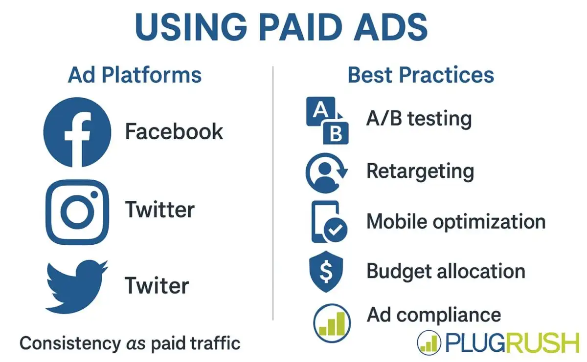 Paid ads infographic showing Facebook, Instagram, Twitter and best practices like A/B testing, retargeting, mobile optimization, budget allocation and compliance, plus PlugRush branding.