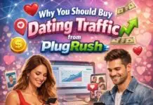 Why You Should Buy Dating Traffic From PlugRush A buy dating traffic featured image with a realistic young couple flirting on their phone.