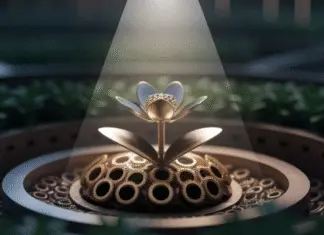 Top Strategies to Maximize ROI in Digital Advertising Campaigns Fleur mécanique en laiton qui fleurit sous un faisceau de lumière.